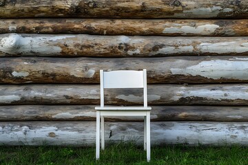White wooden chair standing on grass in front of rustic log cabin wall