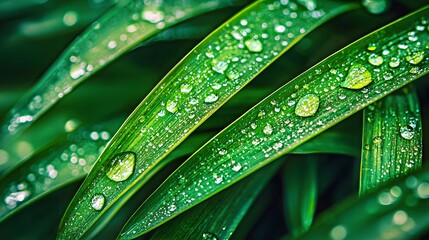 Close-up of green leaves with sparkling water droplets after rain.