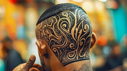 Close-up of a male with intricate tattoo designs on a shaved head.
