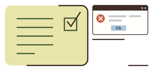 Checkbox ticked on a form next to a web alert box with an error message and confirmation button. Ideal for feedback, interface design, decision-making, alerts, notifications, validation, user flow
