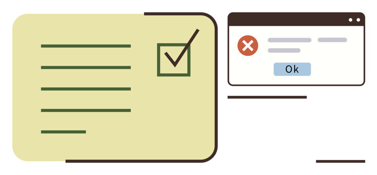 Checkbox ticked on a form next to a web alert box with an error message and confirmation button. Ideal for feedback, interface design, decision-making, alerts, notifications, validation, user flow