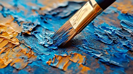 Close-up of a paintbrush mixing vibrant blue and orange oil paints on a canvas.