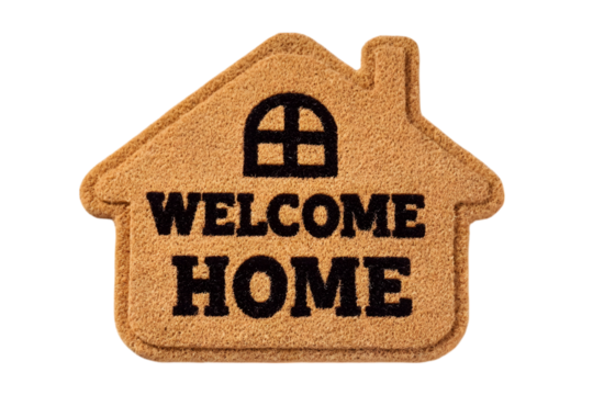 A brown doormat shaped like a house, welcoming guests with the words "Welcome Home".