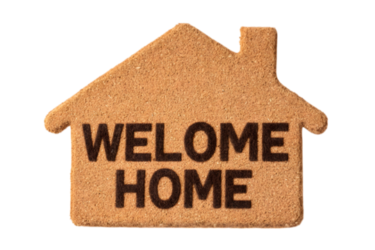 A house-shaped welcome mat with the words "WELCOME HOME" in black letters. - Powered by Adobe