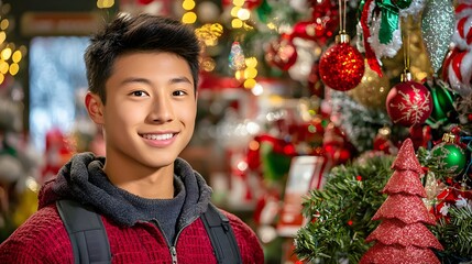 Young Asian male smiling in a festive holiday setting filled with decorations.