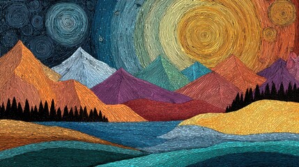 Abstract Hand-Drawn Mountainscape Illustration