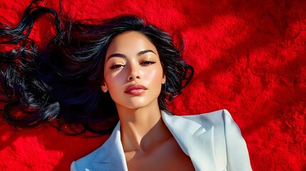 Young Asian woman with long hair in a white blazer, lying on vibrant red fabric.