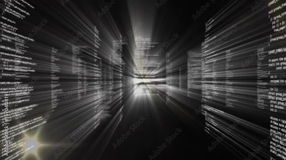 Poster tech code streams driving camera accelerating through code tunnel and emitting star-like flare