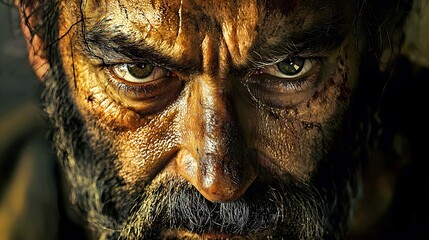Intense close-up of a rugged man with scruffy beard and piercing eyes, exuding strength.