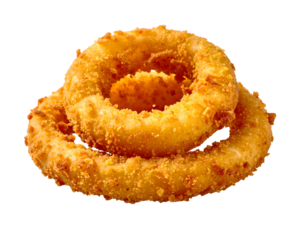 Crispy fried onion rings stacked side by side. Isolated transparent background