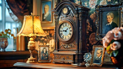 Antique clock and elegant decor in a vintage setting with warm lighting.