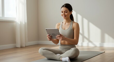 Woman doing online yoga workout on tablet at home