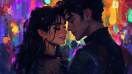 A romantic embrace between a couple surrounded by colorful lights.