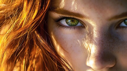 Intense close-up of a young girl with vibrant red hair and striking green eyes.