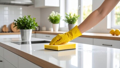 Person Cleaning Kitchen Counter With Yellow Sponge