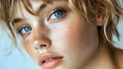 Close-up of a young Caucasian woman with blue eyes and freckles, showcasing natural beauty.