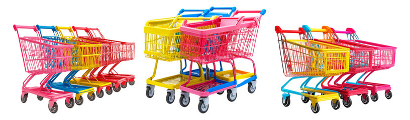 Colorful Shopping Carts in Bright Shades for Retail Environments, PNG bundle collection, Isolated on Transparent Background