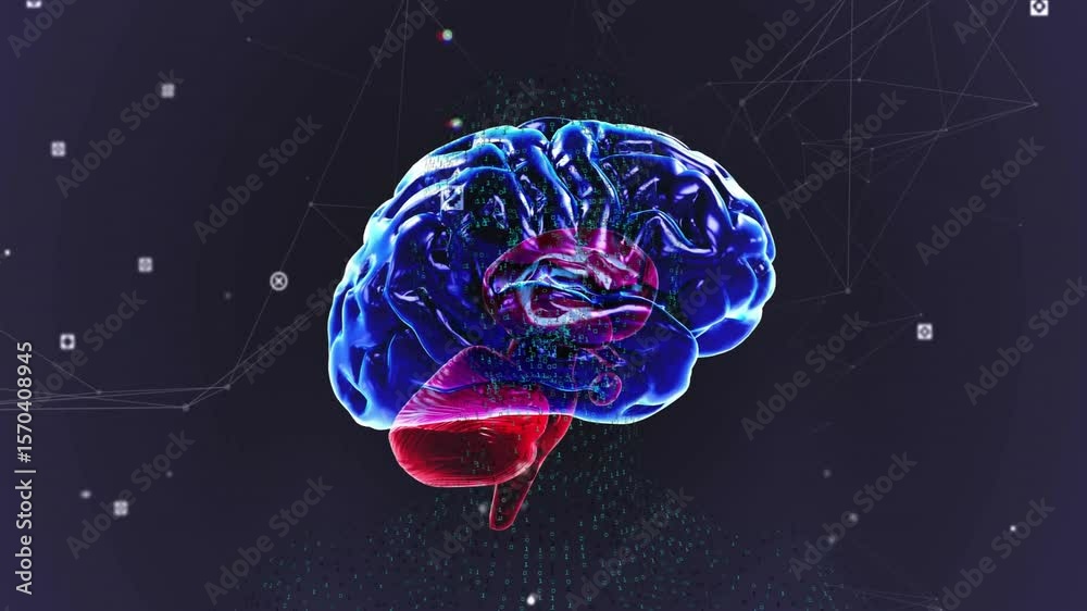 Poster 3d brain model appearing against dark network, rotating with drifting data nodes for tech demo