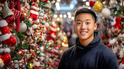 Cheerful Asian male teenager smiling amidst festive holiday decorations.
