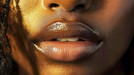 Close-up of a young Black woman's glossy lips with shimmering highlights.