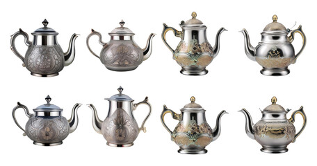 Elegant Collection of Vintage Silver and Decorative Teapots, PNG bundle collection, Isolated on Transparent Background