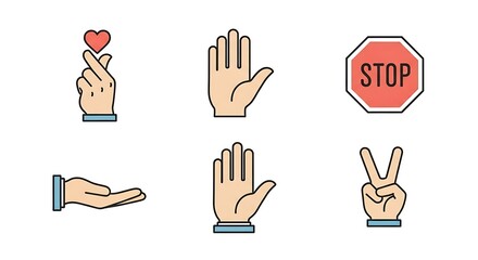 Diverse Hand Gestures: Love, Stop, Open Hand, and Peace Sign