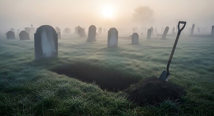 Misty Dawn at a Cemetery Open Grave and Shovel
