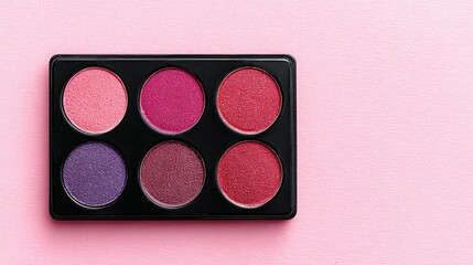 A makeup eyeshadow palette with various shades of pink and red.