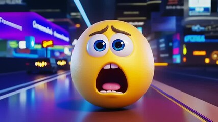 Surprised emoji character in a vibrant cityscape at night with colorful neon lights - Powered by Adobe