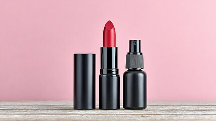 Red lipstick and a spray bottle on a light wood surface.