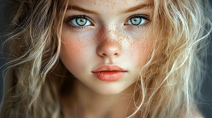 Close-up of a young girl with striking blue eyes and freckled skin, exuding innocence.