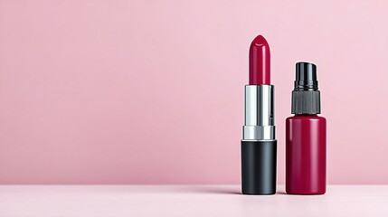 Burgundy lipstick and spray bottle displayed against a pink background.