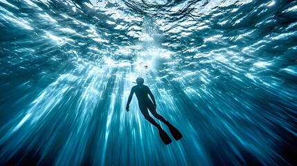 A serene underwater scene featuring a silhouette of a male diver exploring the deep blue.