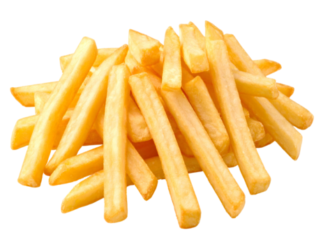 Freshly fried golden French fries stacked on a isolated transparent background