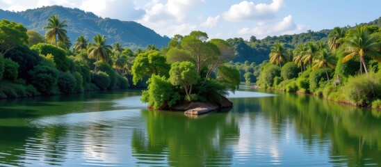 Tropical rainforest river landscape. Lush green landscape with a serene river and mountain backdrop.