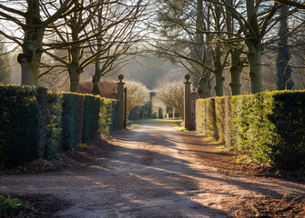 Obraz premium Charming entrance to an english country garden surrounded by tall trees