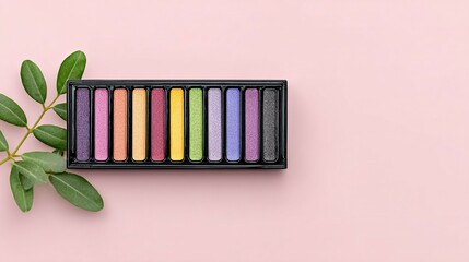 Colorful eyeshadow palette arranged on a pastel background.