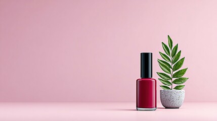 Burgundy nail polish bottle and plant on a pink background.