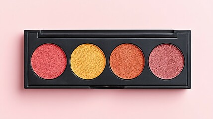 Colorful eyeshadow palette displayed on a pink background.
