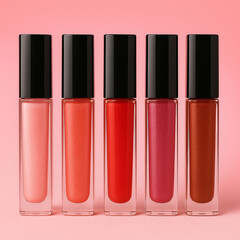 Five colorful lip gloss bottles on pastel pink background