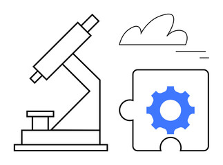 Microscope beside a gear-shaped puzzle piece with a cloud above. Ideal for research, innovation, problem solving, science, engineering, analysis, technology, simple landing page