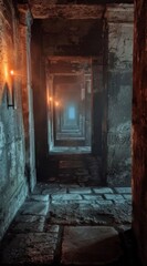 Obraz premium Passage of Time: A dramatic, ancient corridor stretches into the depths, its aged stone walls marked by time, casting an ethereal glow with an enchanting ambiance.