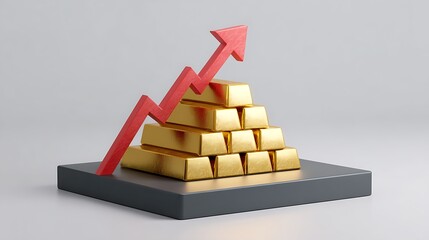 Gold Bars Pyramid with Rising Red Arrow on Gray Stand Investment Growth Concept