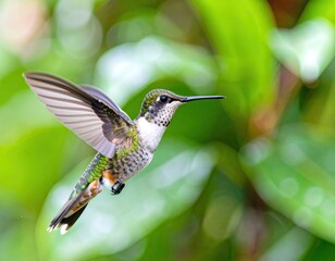 Hummingbird in flight, vibrant green backdrop