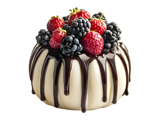 Delicious round chocolate cake decorated with fresh berries including strawberries blackberries and blueberries topped with dark chocolate drizzle on a white background