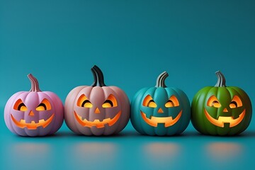 Colorful Jack-o'-Lantern Pumpkins on Turquoise Background – Festive Halloween Decor