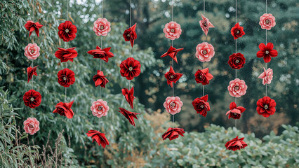Fototapeta premium Vibrant red and pink paper flowers hanging decor