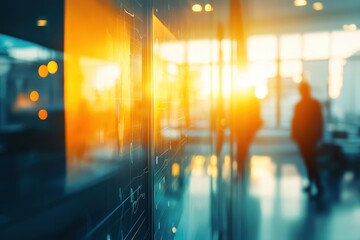 Blurred interior view through a modern glass wall.