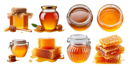 Assorted Honey Variants in Glass Jars with Honeycomb and Honey Drizzle, isolated on transparent background
