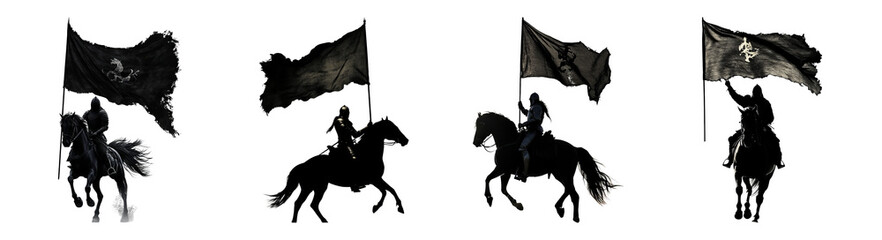 Equestrian Riders with Flags on Horses at Twilight in Action, PNG bundle collection, Isolated on Transparent Background